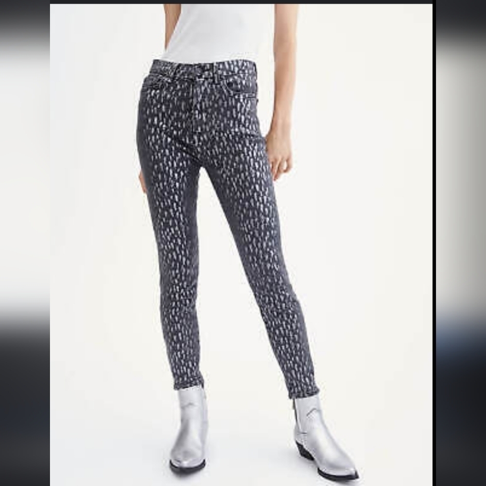Black and foil silver leopard print high waist skinny jeans size 26!